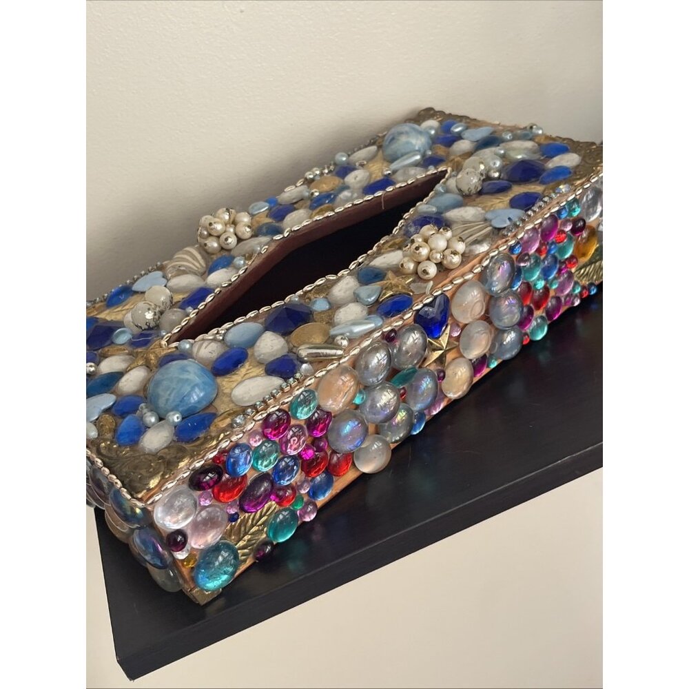 Vintage Wood Tissue Box Cover Holder Rhinestone Jeweled Colorful OOAK Handmade